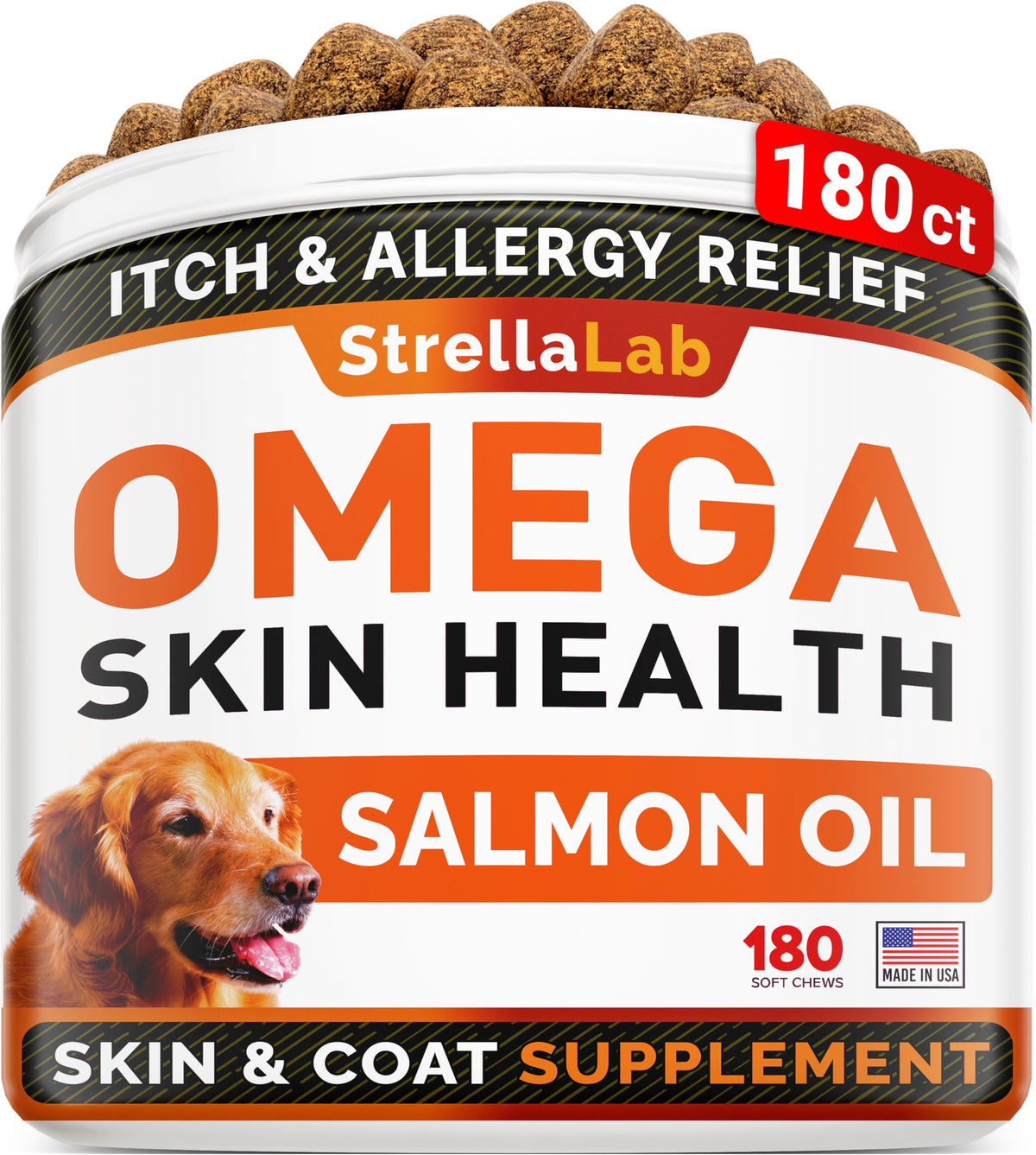 STRELLALAB Omega3 para perros, frasco con 180 bocaditos para piel sana
