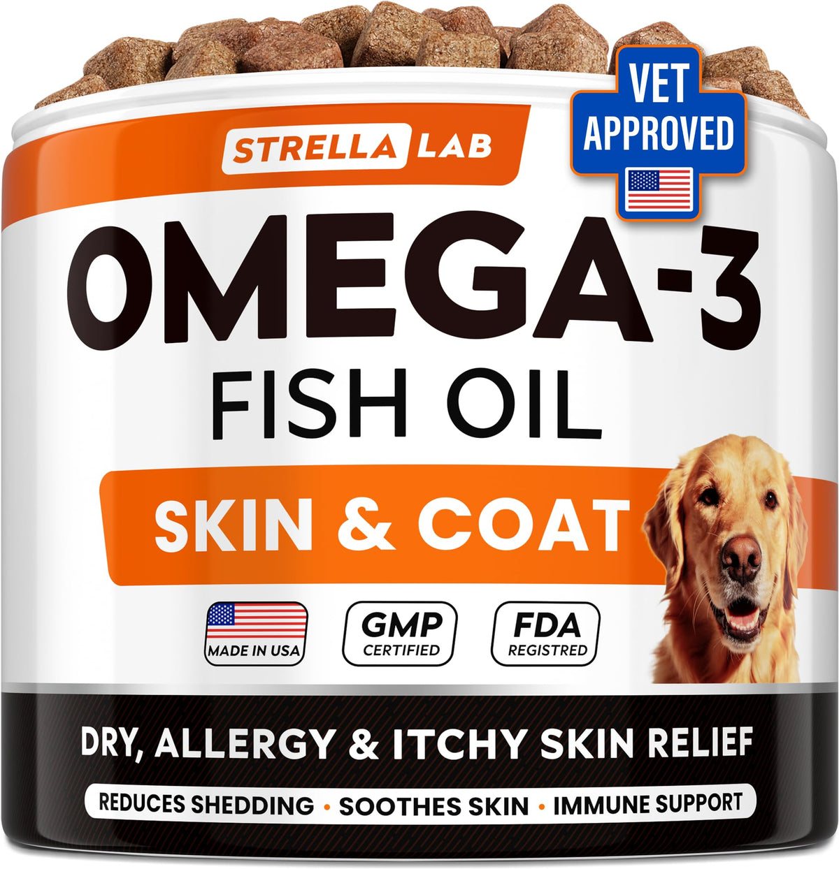 STRELLALAB Omega 3 para perros: botella con golosinas de salmón para pelaje suave