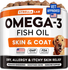 STRELLALAB Omega 3 para perros: botella con golosinas de salmón para pelaje suave