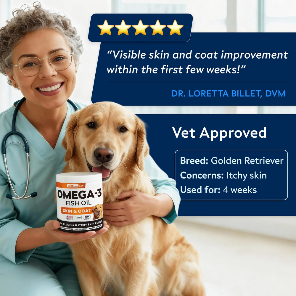 STRELLALAB Omega 3 para perros: envase de 180 golosinas para meses de cuidado