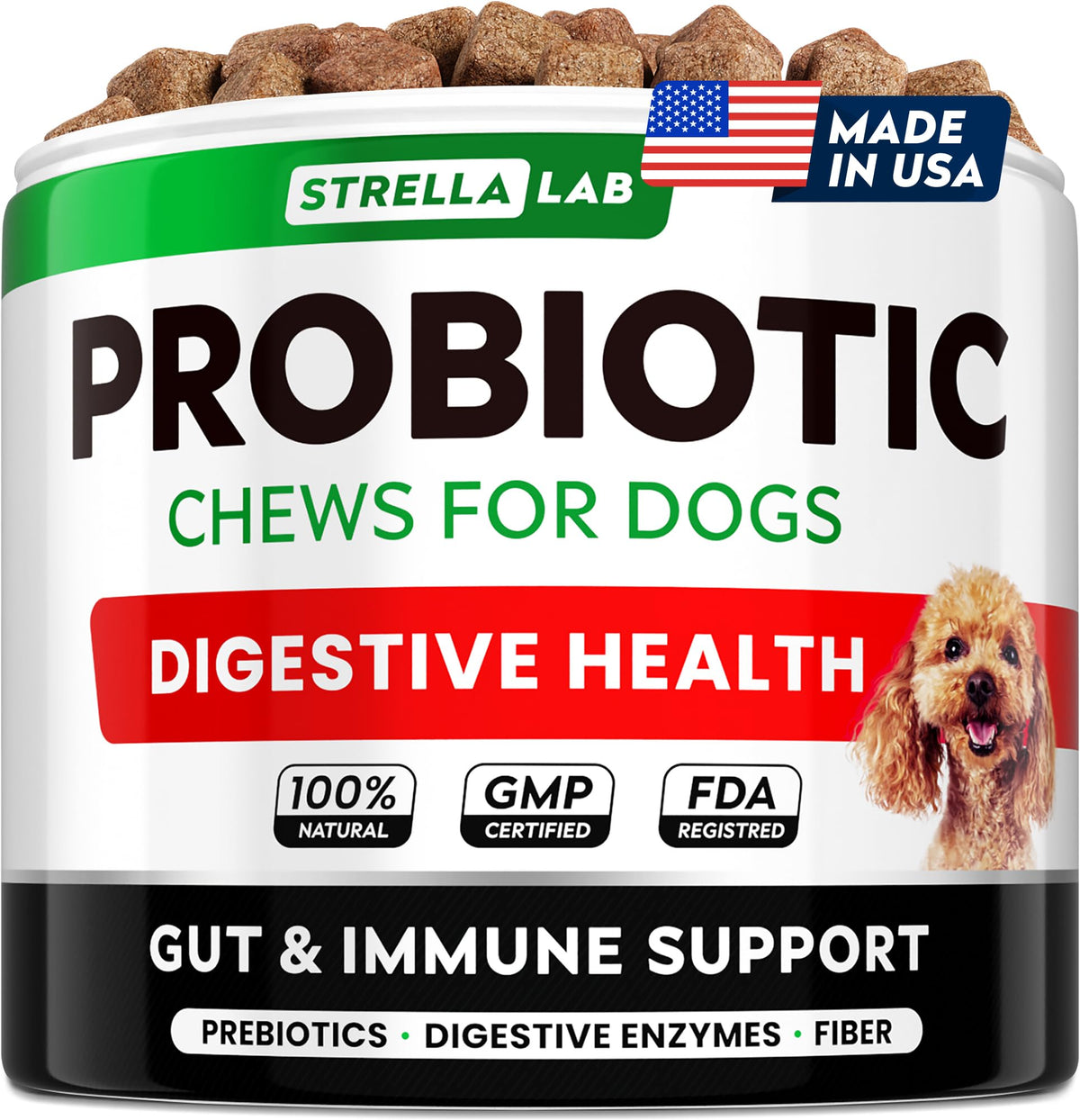 STRELLALAB perro probióticos croquetas digestivas en frasco para apoyo estomacal