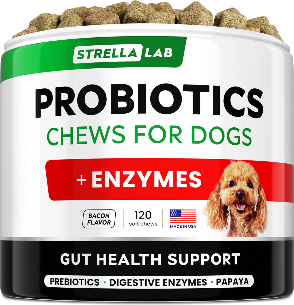 StrellaLab Probioticos para perros, botella, uso diario de digestión.