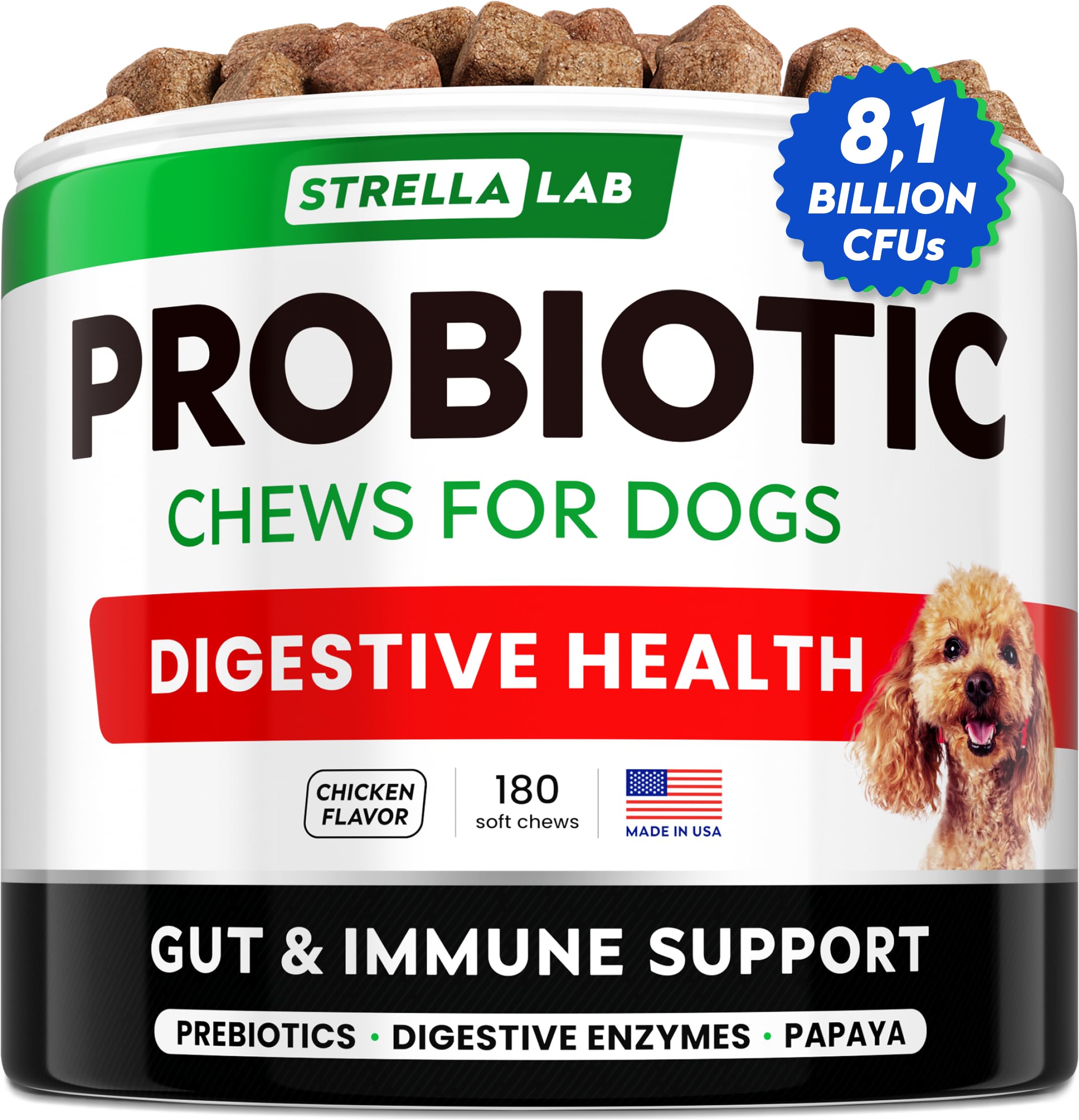 STRELLALAB probióticos para perros, masticables sabor bacon, para apoyar la digestión.