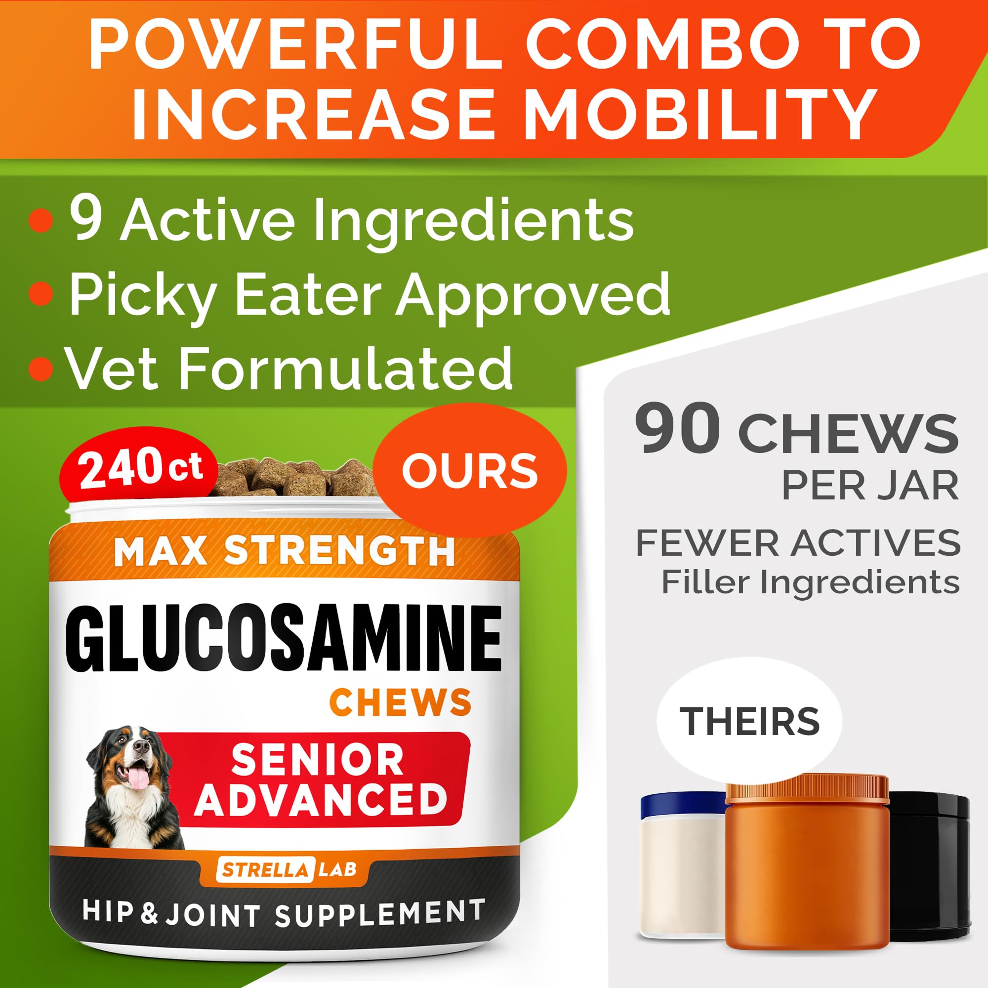 STRELLALAB Senior glucosamina, dosis diaria recomendada para perros.