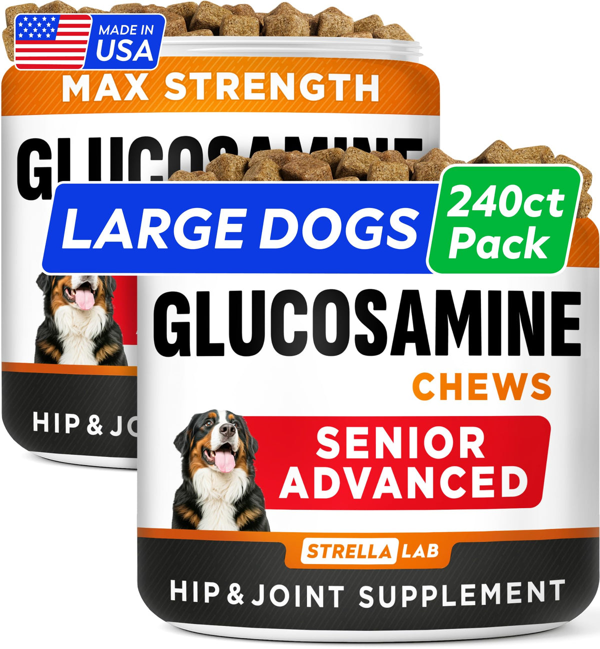 STRELLALAB Senior glucosamina para perro, envase visible, apoyo a la movilidad diaria.