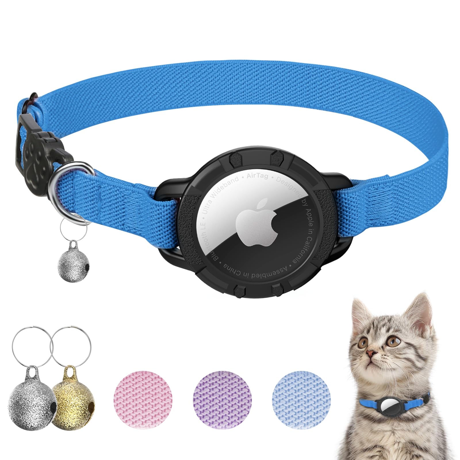 Collar sucegi AirTag para gatos en azul zafiro, localización segura con estilo