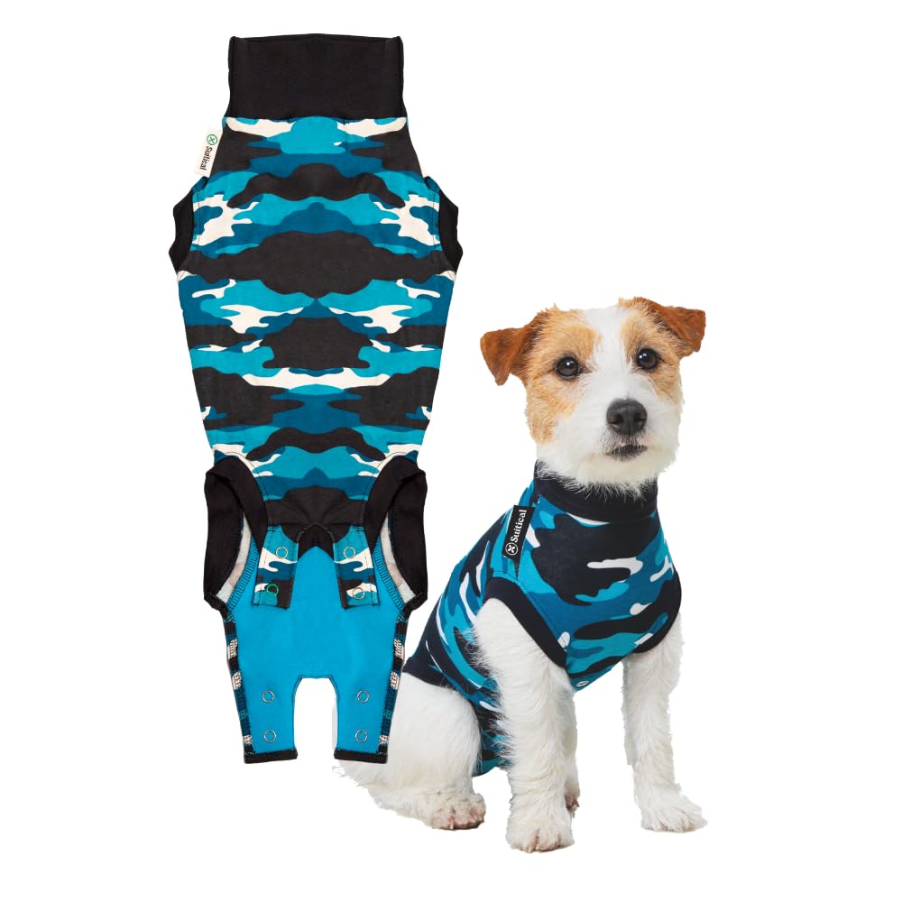 Suitical Recovery Suit azul camuflado, primer plano del tejido transpirable para perros.
