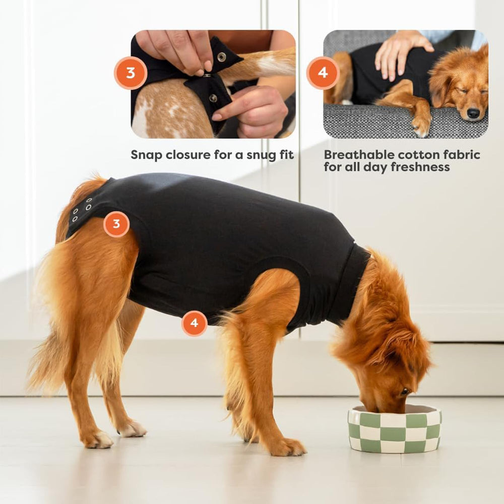 Suitical traje de recuperación para perros con diseño elástico en cuello y cola para ajuste cómodo.