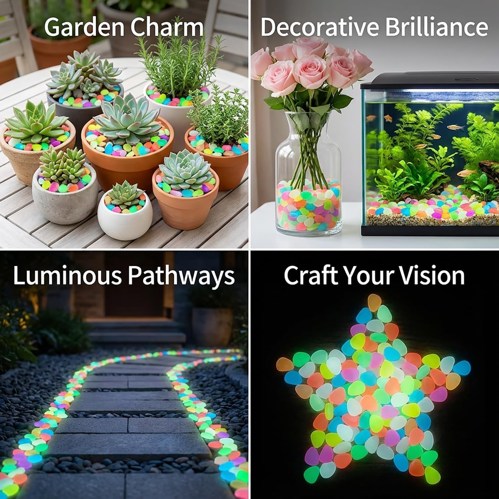 Piedras multicolor Sukh para jardines con efecto luminoso.