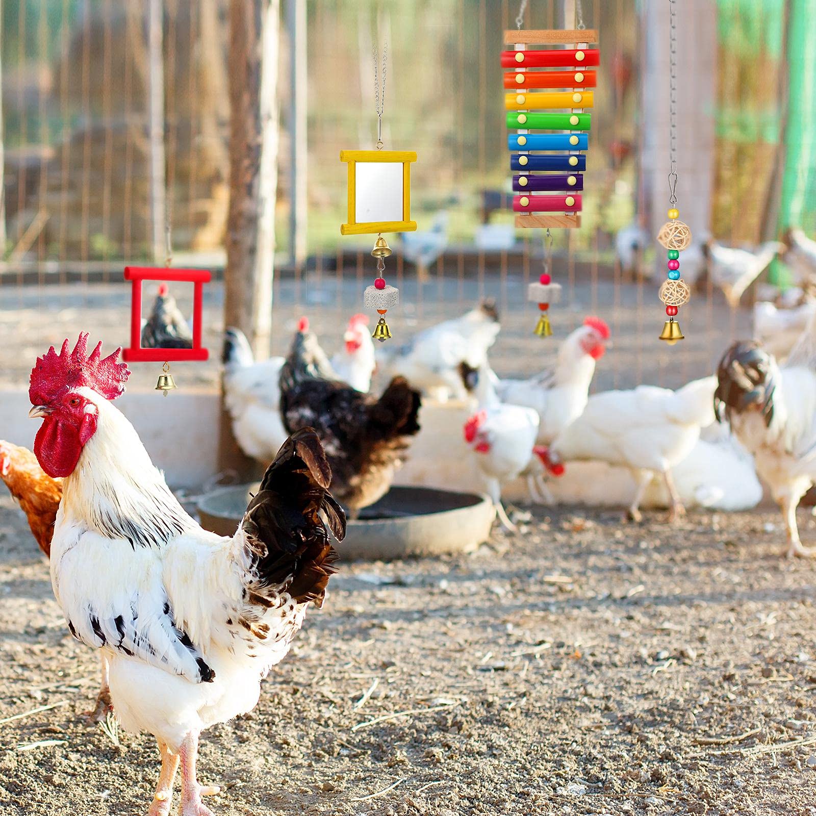 Sumind conjunto completo de juguetes para gallinas fomenta curiosidad e interacción.