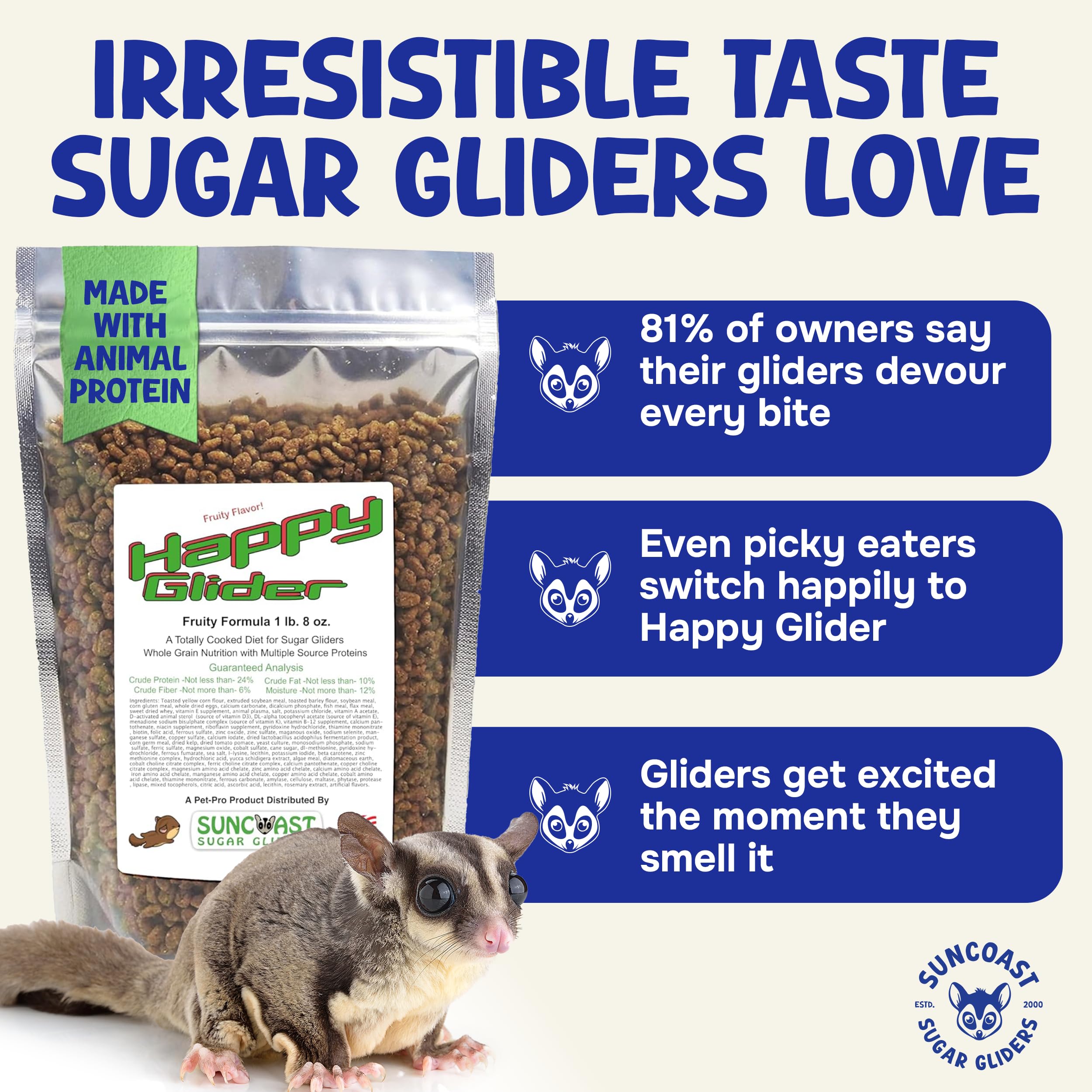 Suncoast Sugar Gliders calcio, vitaminas y probióticos para huesos fuertes.