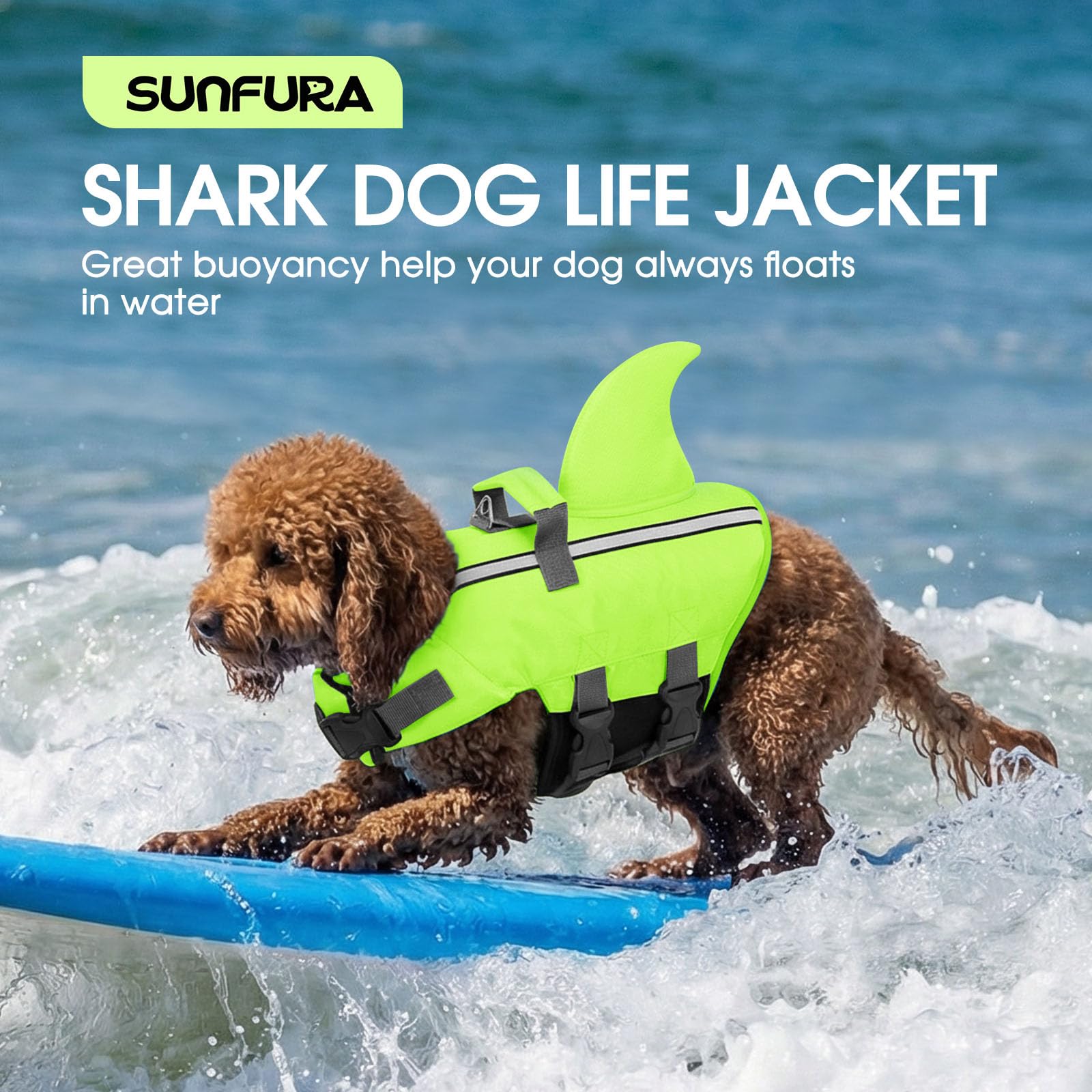 SUNFURA chaleco salvavidas para perro tiburón, perro jugando en agua