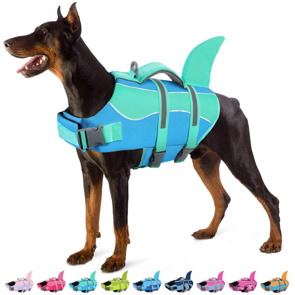 SUNFURA chaleco salvavidas para perros con diseño tiburon, aporta flotabilidad y visibilidad en agua.
