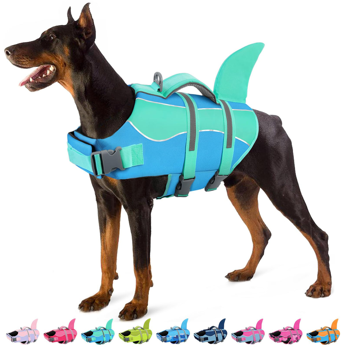 SUNFURA chaleco salvavidas para perros con diseño tiburon, aporta flotabilidad y visibilidad en agua.