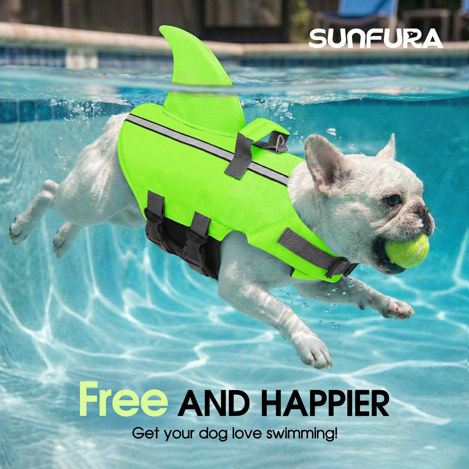 SUNFURA chaleco salvavidas para perro tiburón, vista trasera con flotación