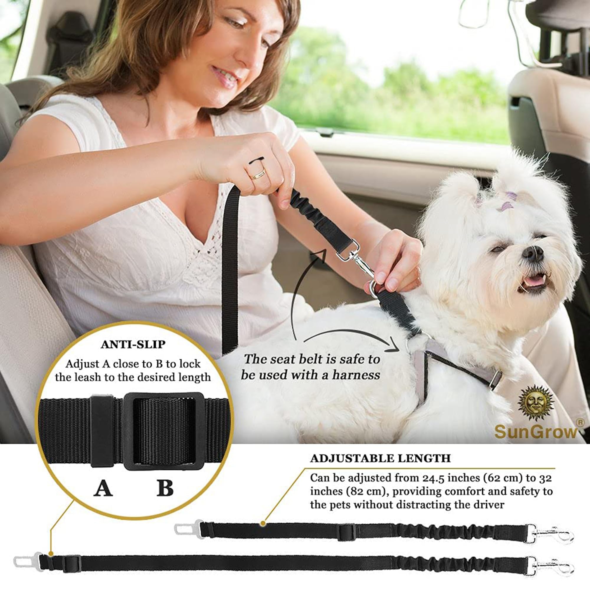 SunGrow correa elástica ajustable para perros de todos los tamaños, para viajes tranquilos.