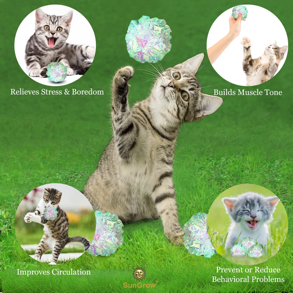 SunGrow Mylar Cat Crinkle Ball con diseño de dos tonos y colores brillantes.