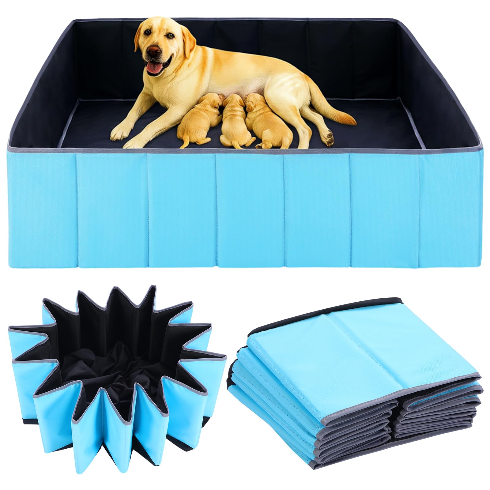 Caja Sunnymove para parto canino, vista frontal abierta, muestra amplio espacio para cachorros.
