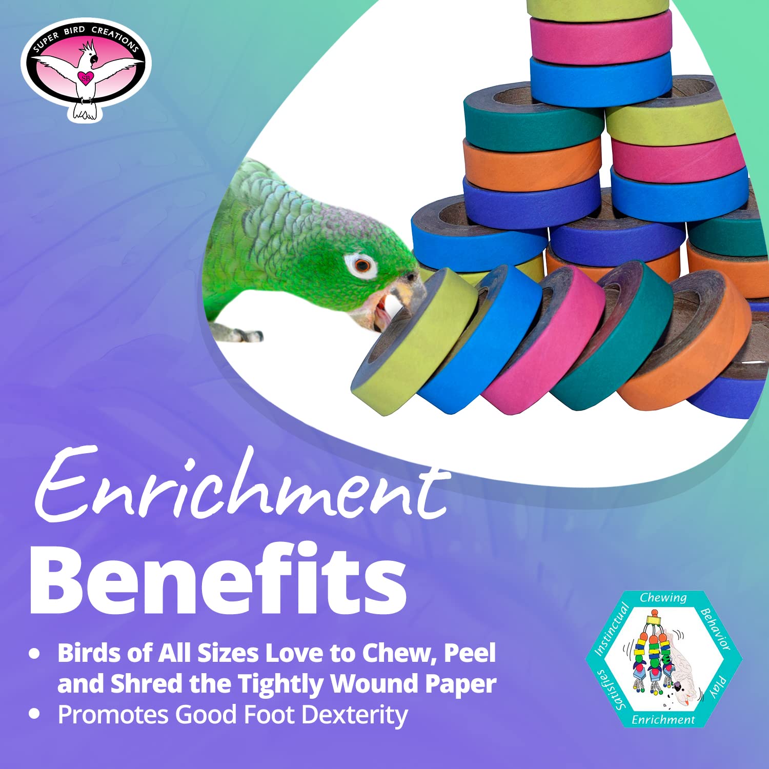 Fatty Bagels de Super Bird Creations, colores estimulantes para aves curiosas.