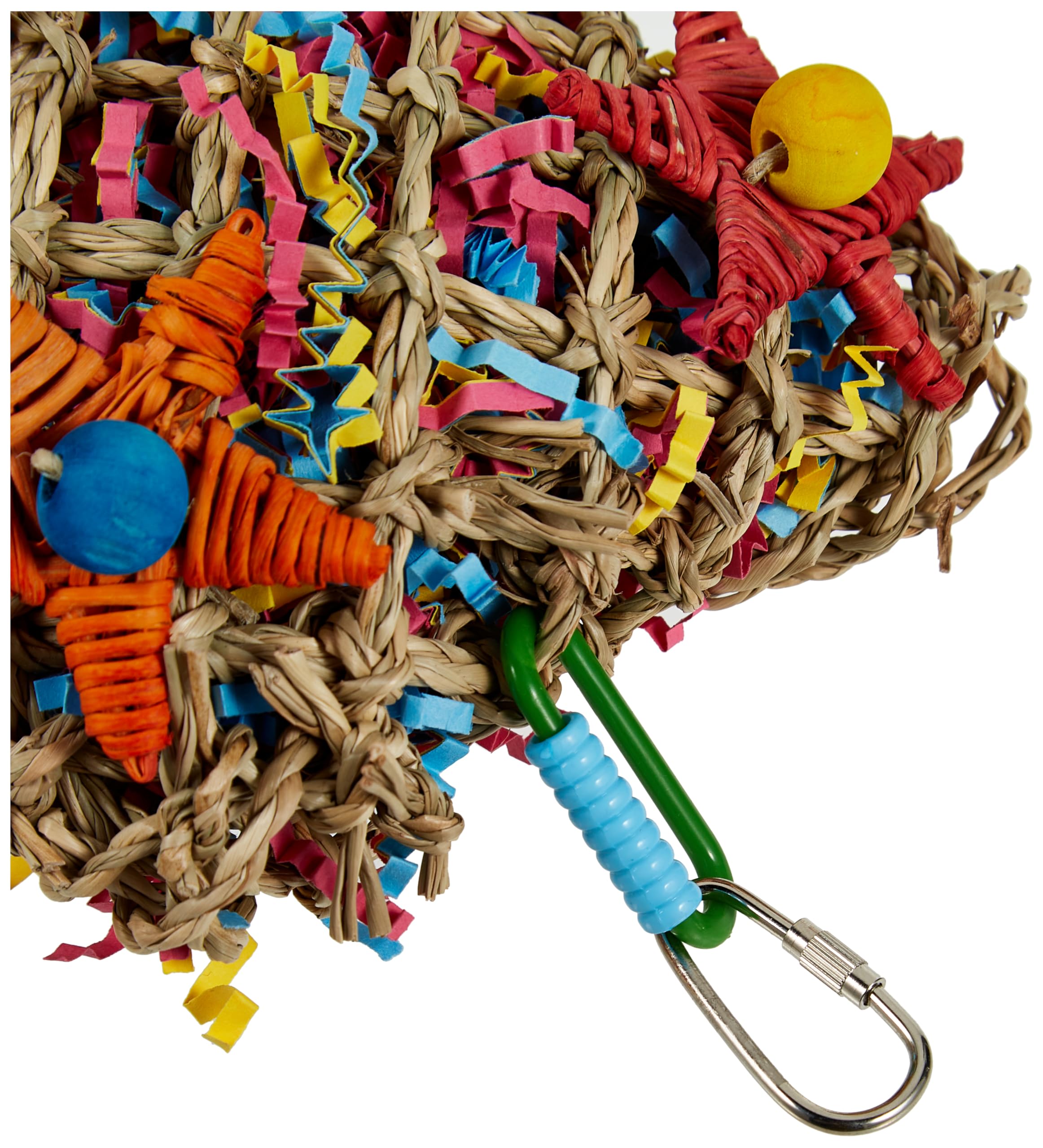 Super Bird Creations Pickin' Pocket con pastos marinos y cuentas de madera, entretenimiento sensorial.