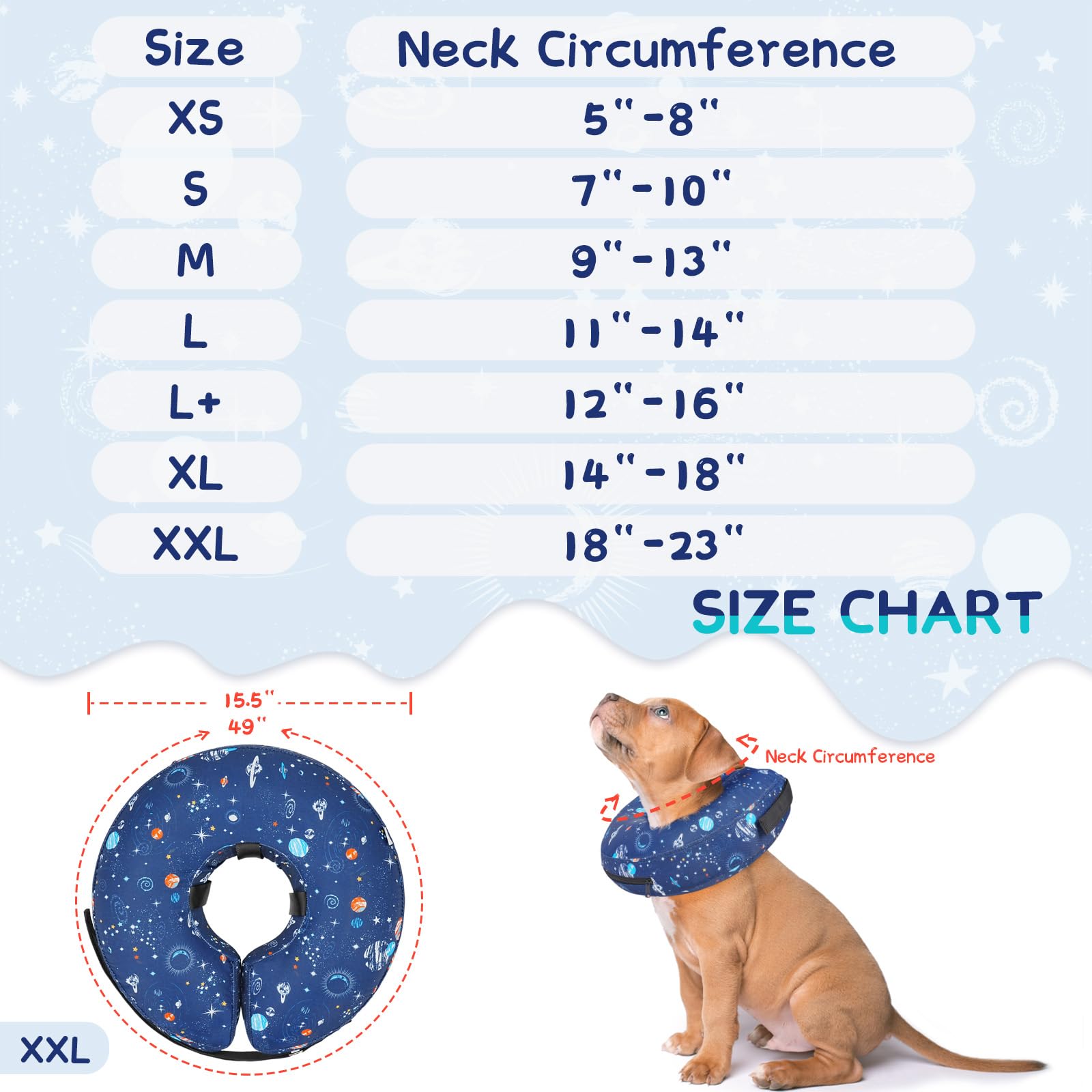 Guía de tallas clara para S a XXL, adecuada para varias razas.