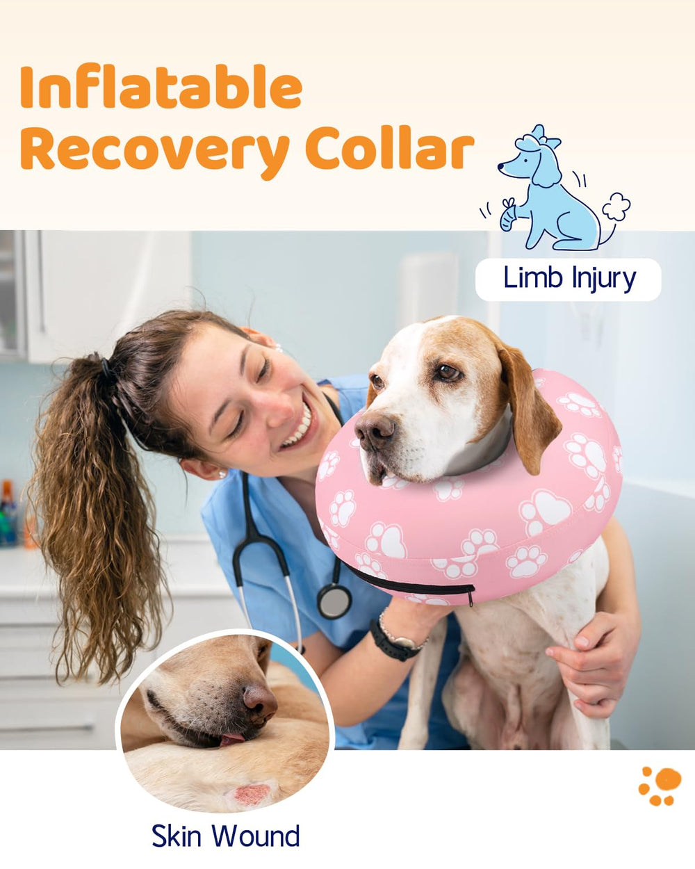 Supet collar inflable con tejido antiadherente facilita limpieza y comodidad.