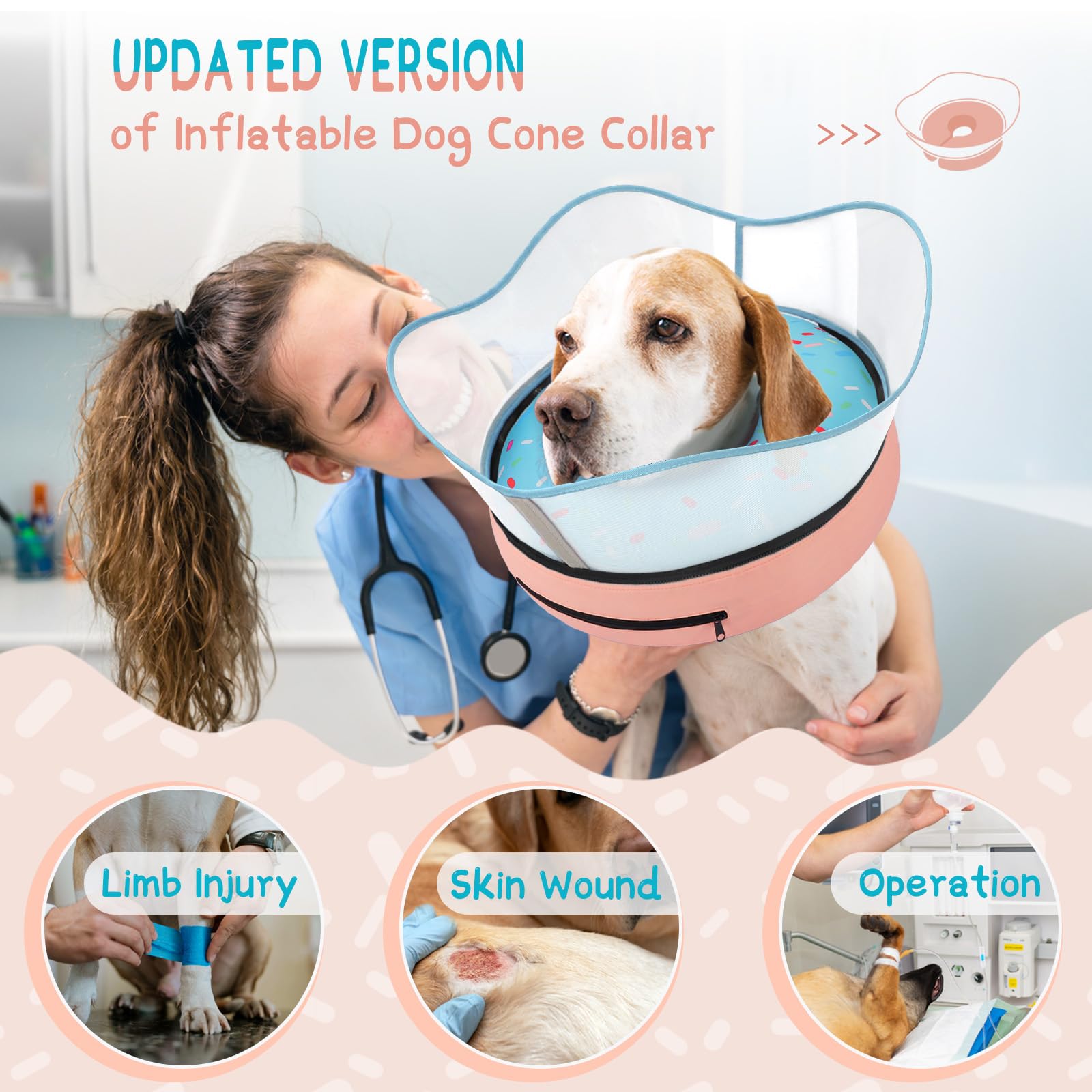 Supet collar rosquilla inflable para perro, vista lateral, confort suave para la recuperación.