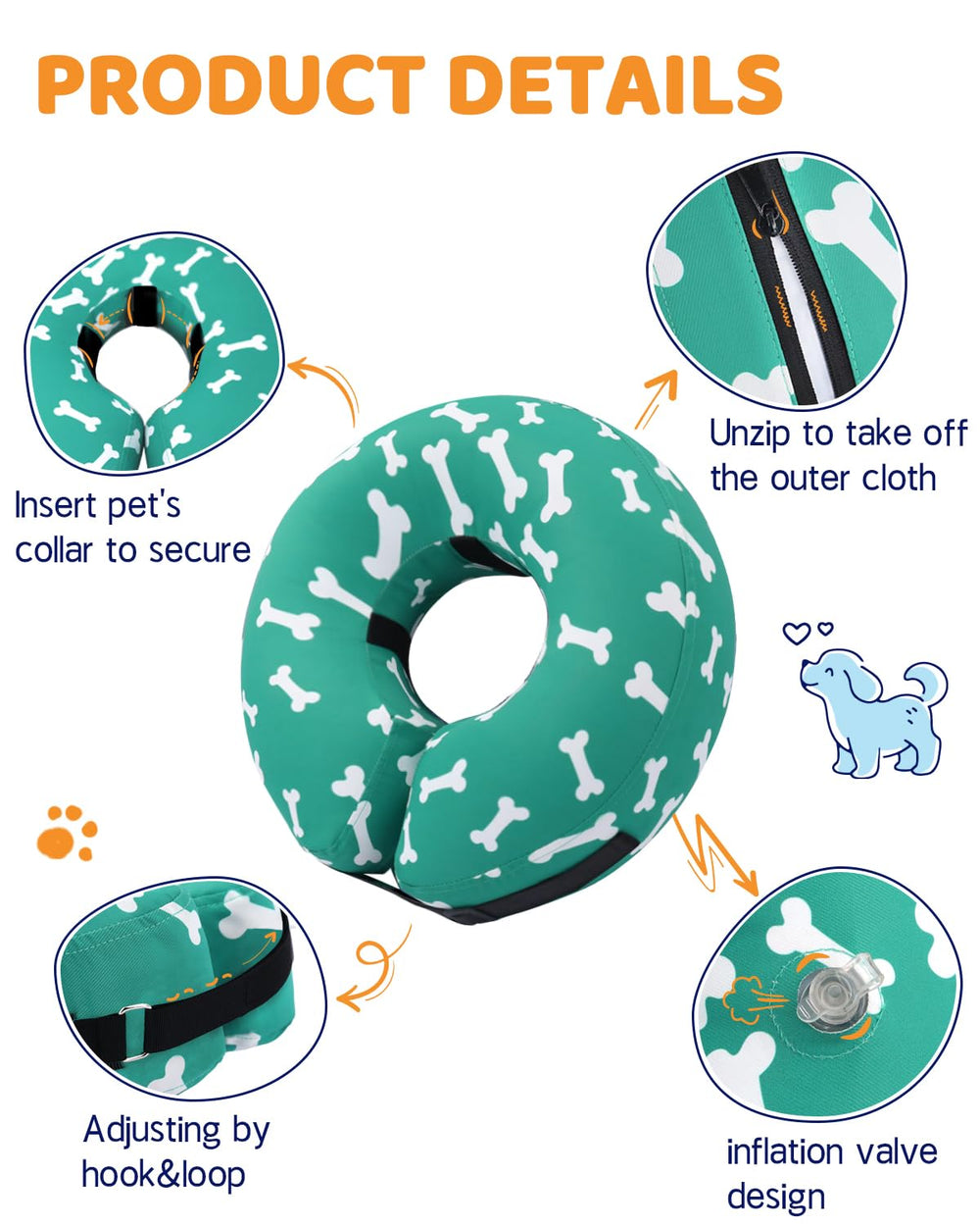 Supet cono inflable para perro, limpieza fácil: funda exterior desmontable para lavar.