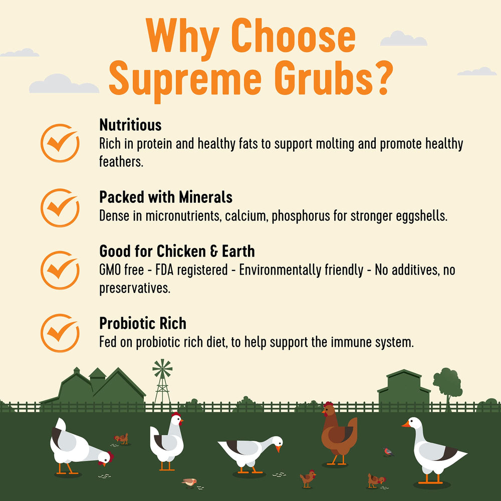 Supreme Grubs: apoyo digestivo y probiótico para el rebaño.