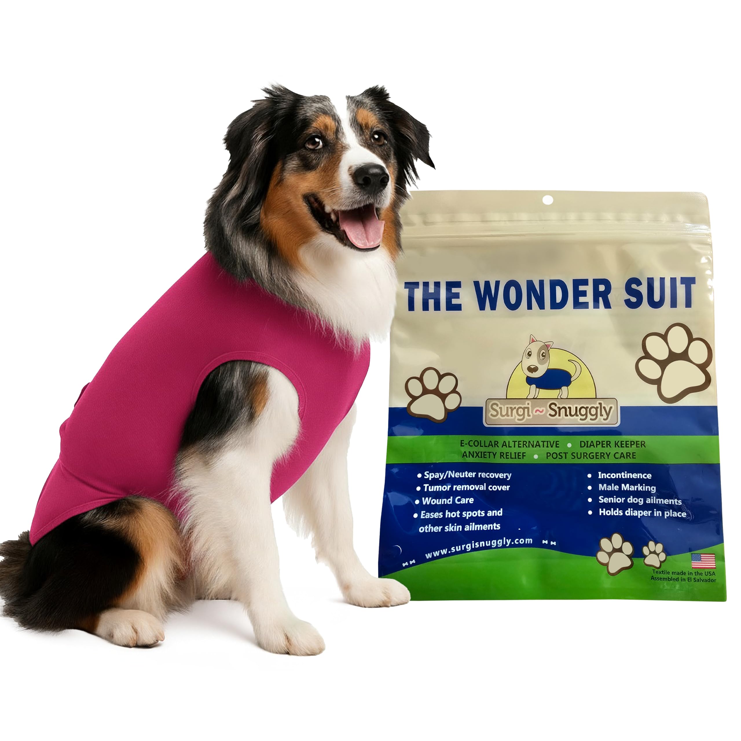 Surgi Snuggly: traje de recuperación para perro rosa, vista frontal, cómodo para la recuperación.