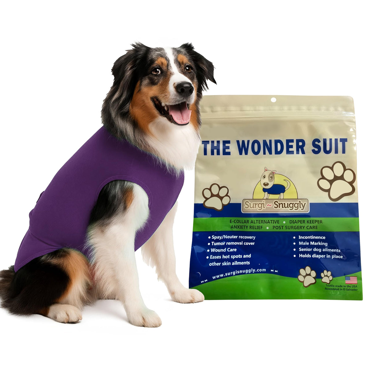 Surgi-Snuggly traje de recuperación para perro, vista frontal, comodidad de uso.