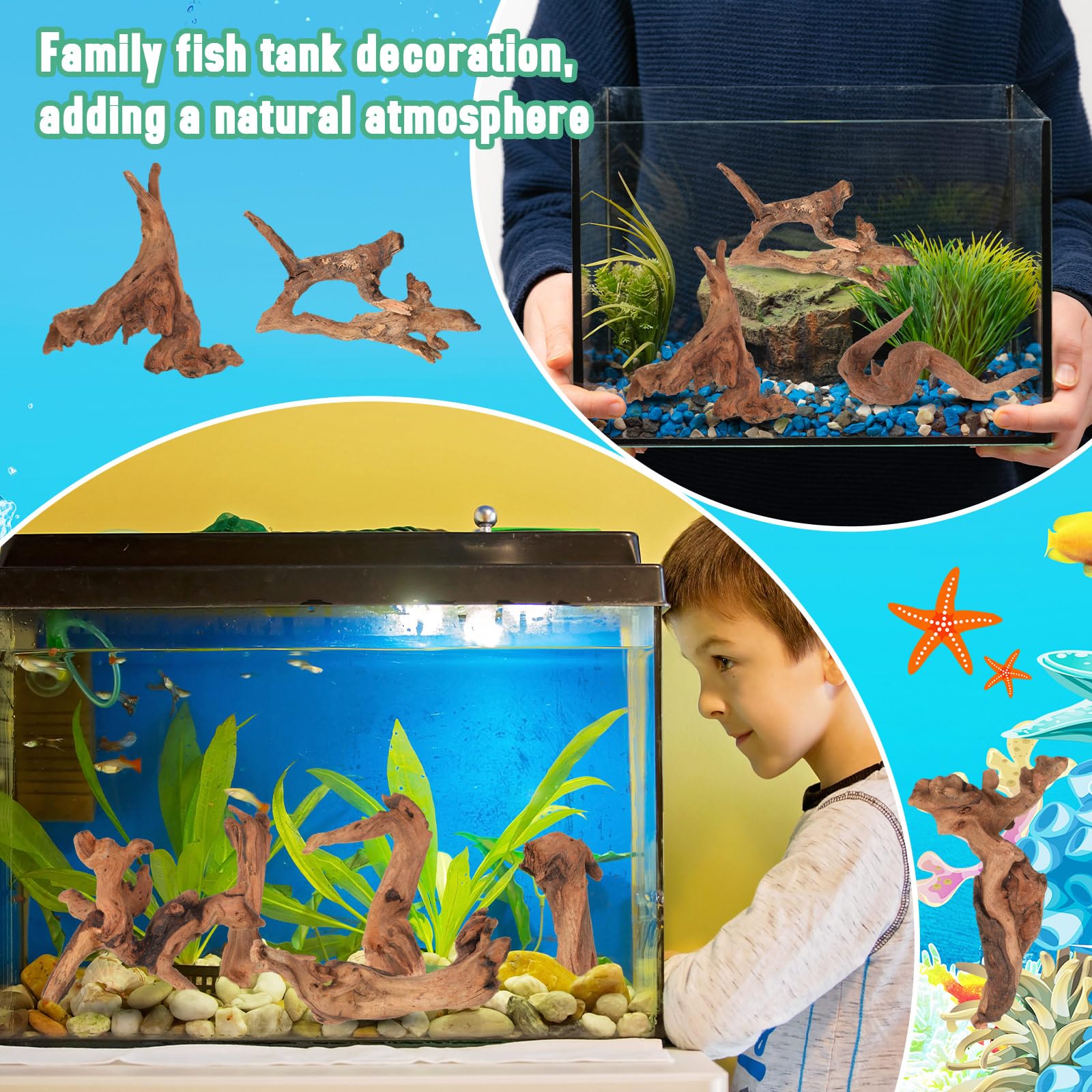 Suzile detalle de madera flotante con coral para acuario, aspecto natural.