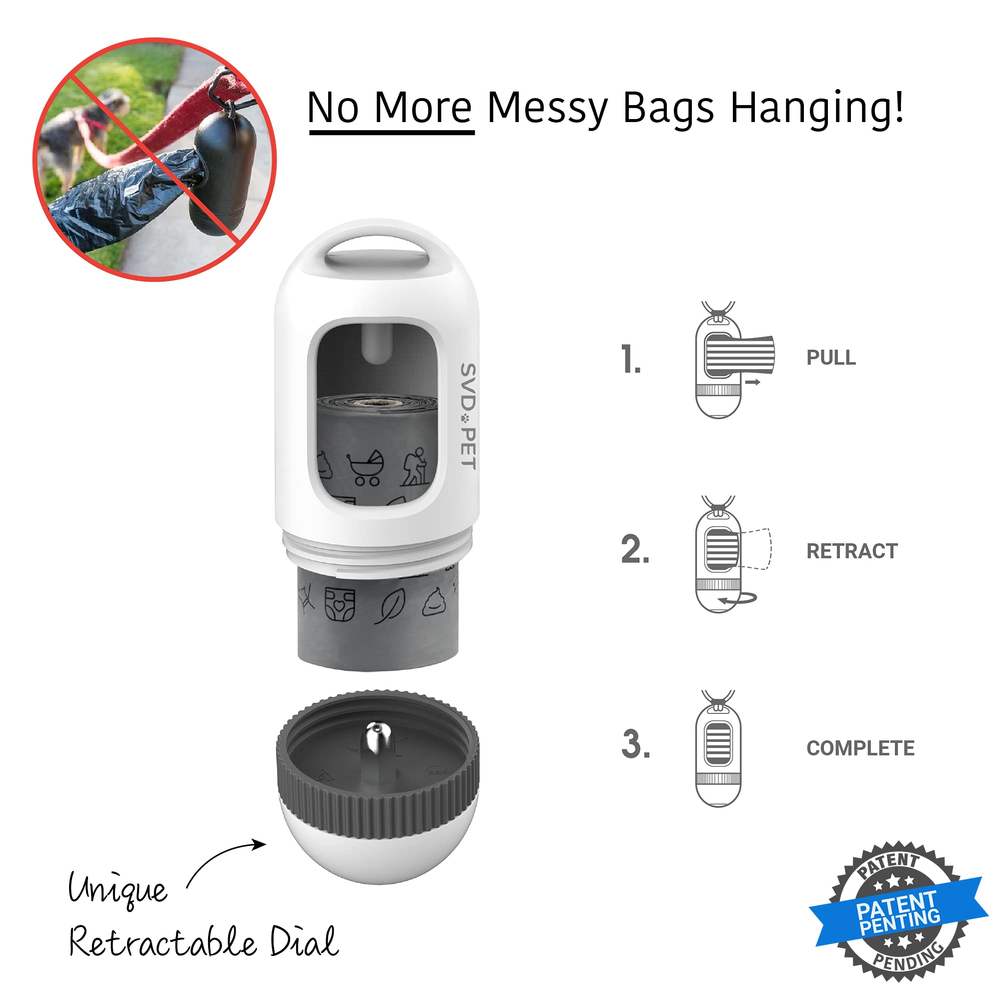 Dispenser SVD.PET con dial retráctil para almacenar bolsas extra.