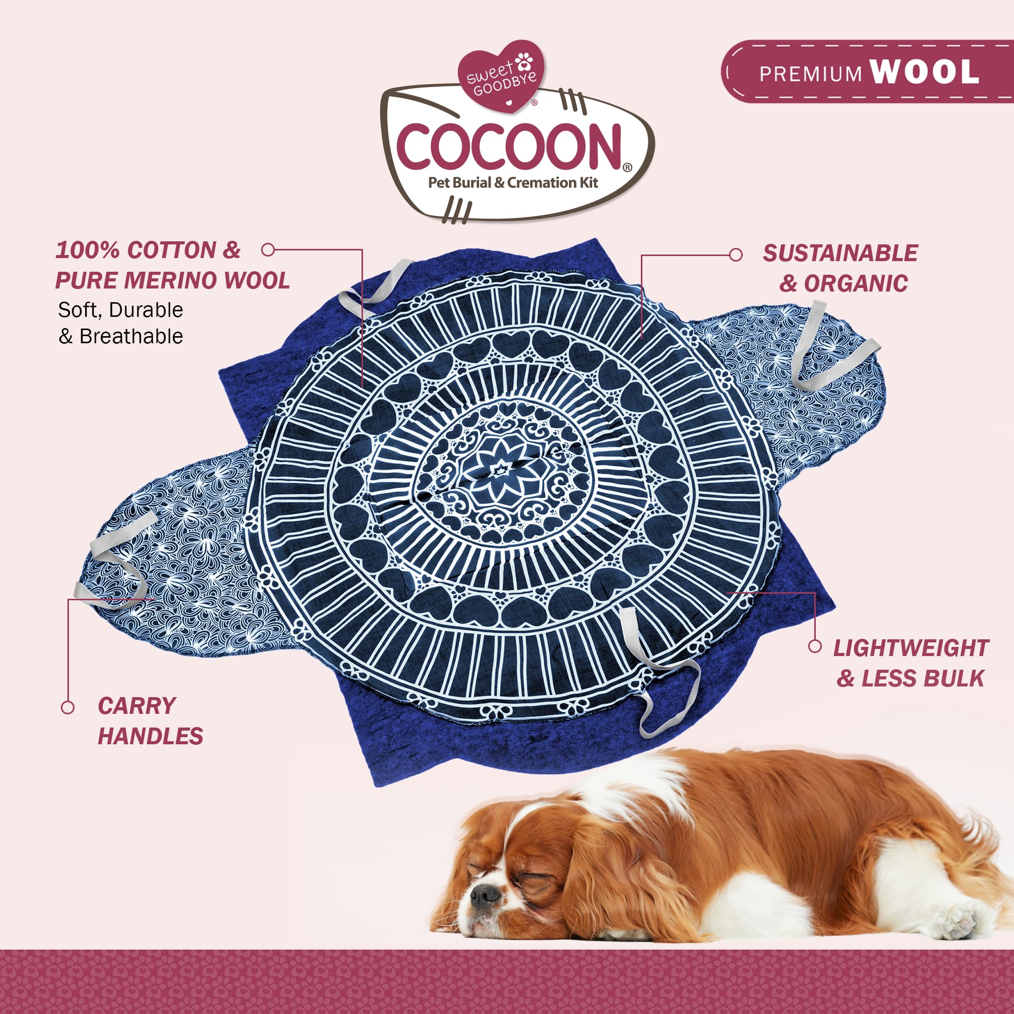 Sweet Goodbye Cocoon: funda suave índigo, sensación cálida y respetuosa para tu mascota.
