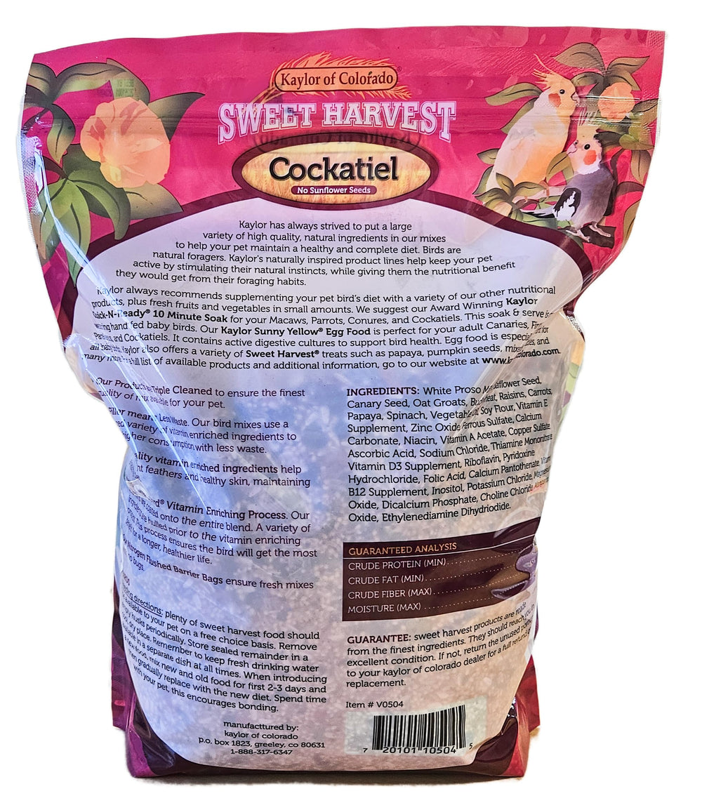 Sweet Harvest ingredientes naturales con vitaminas y minerales para cockatiel.