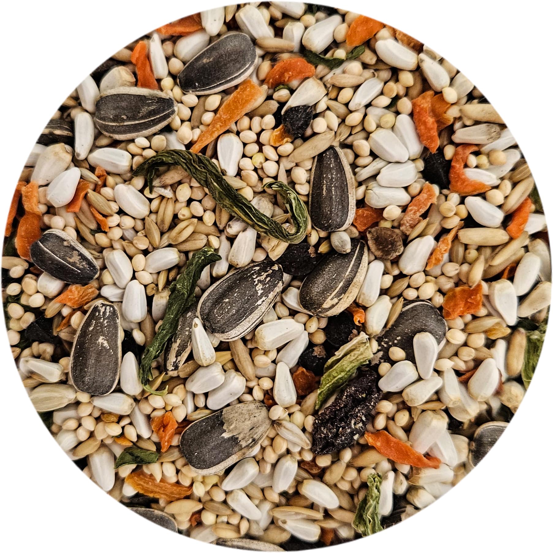 Sweet Harvest ingredientes naturales vitaminas, etiqueta clara que destaca calidad nutricional para aves.