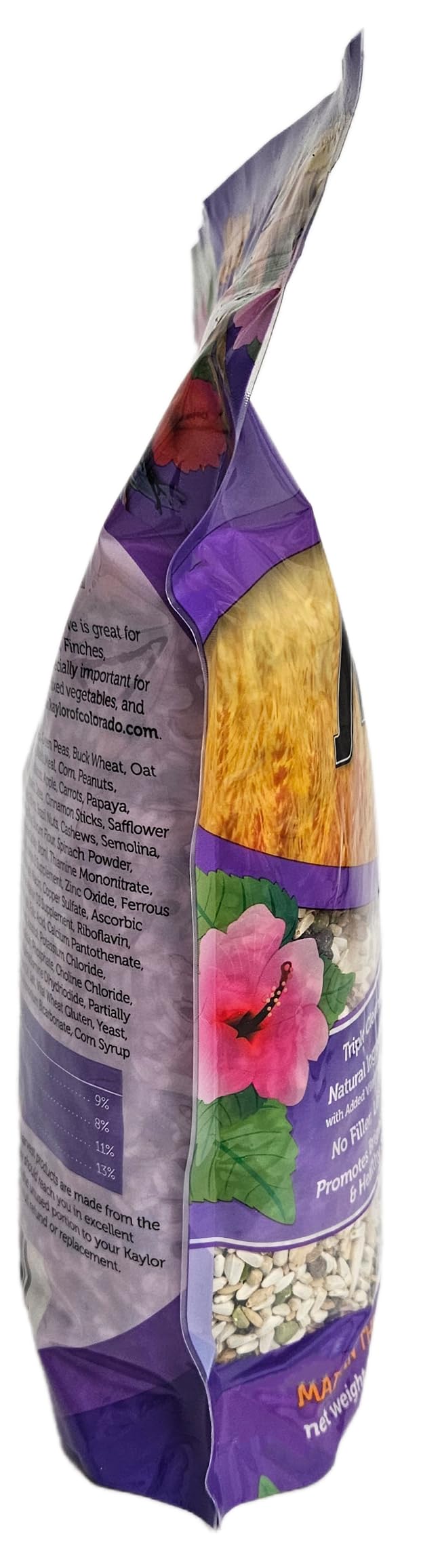 Sweet Harvest Macaw, etiqueta del producto, información clara para elegir alimento seguro.