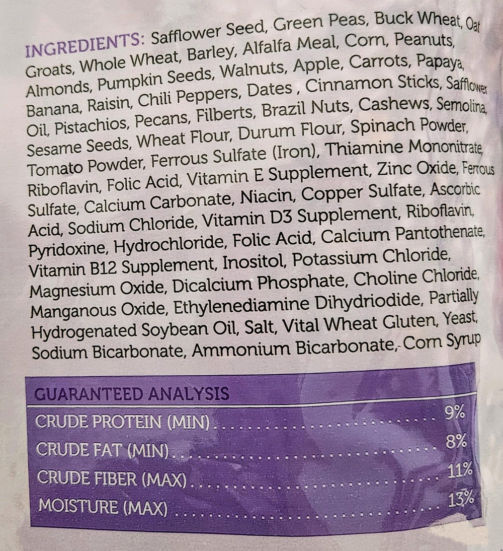 Sweet Harvest Macaw, frutas y semillas, muestra la variedad natural para guacamayos.