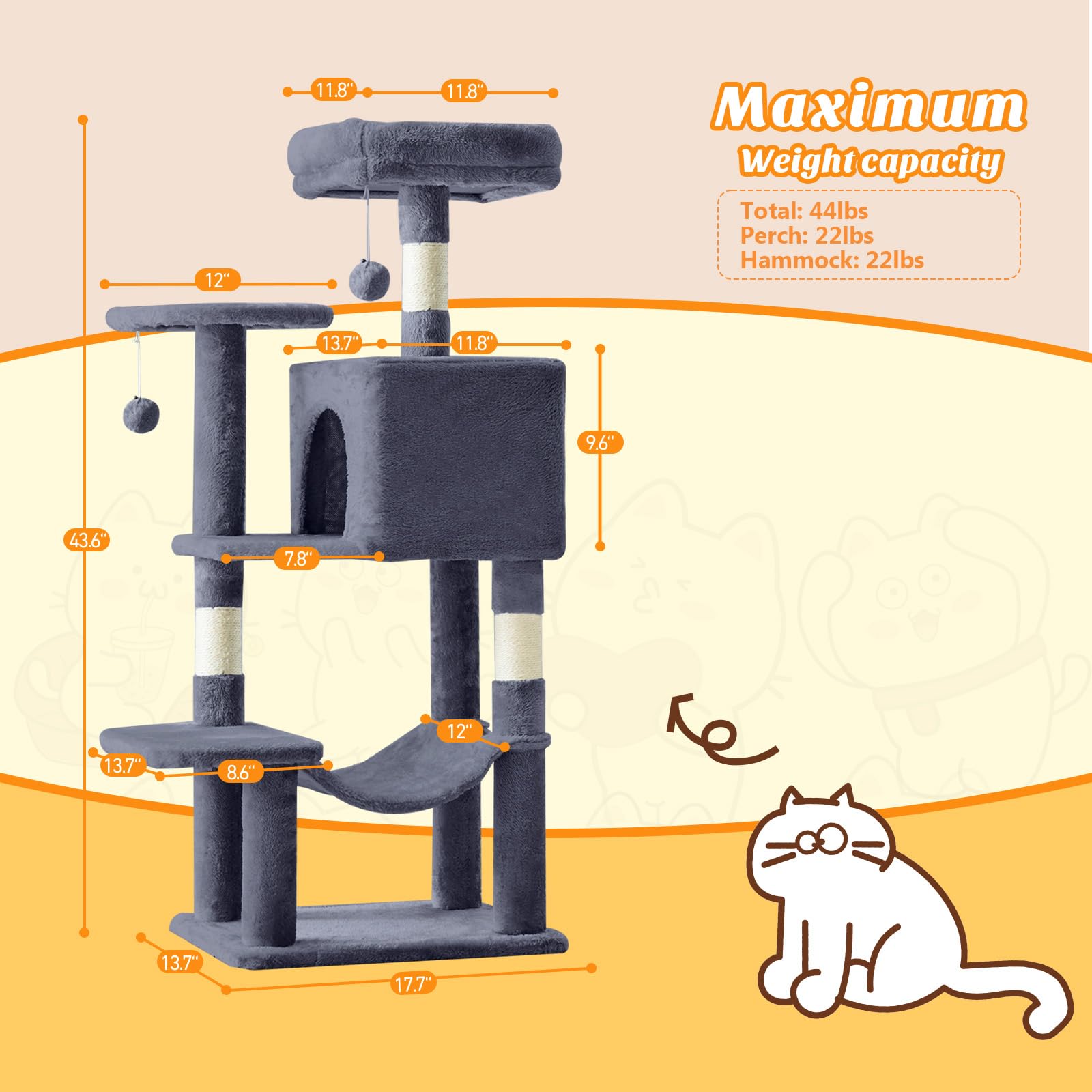 Sweetcrispy árbol para gatos 44 pulgadas, sisal natural para afilar uñas y rascar.