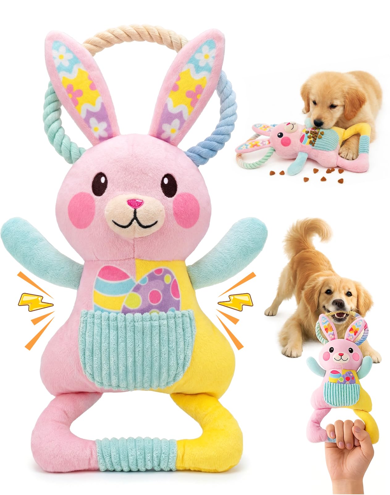 Juguete conejo peluche de Swooflia con estampado de Pascua para perros pequeños y medianos.