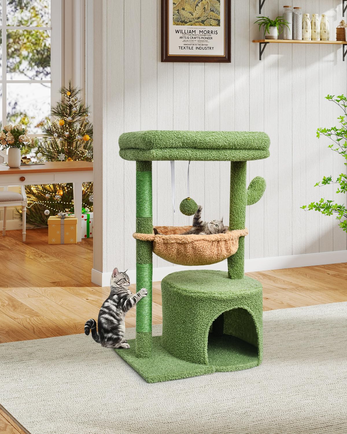 SYANDLVY árbol cactus para gatos con cesta acolchada para siestas relajantes.