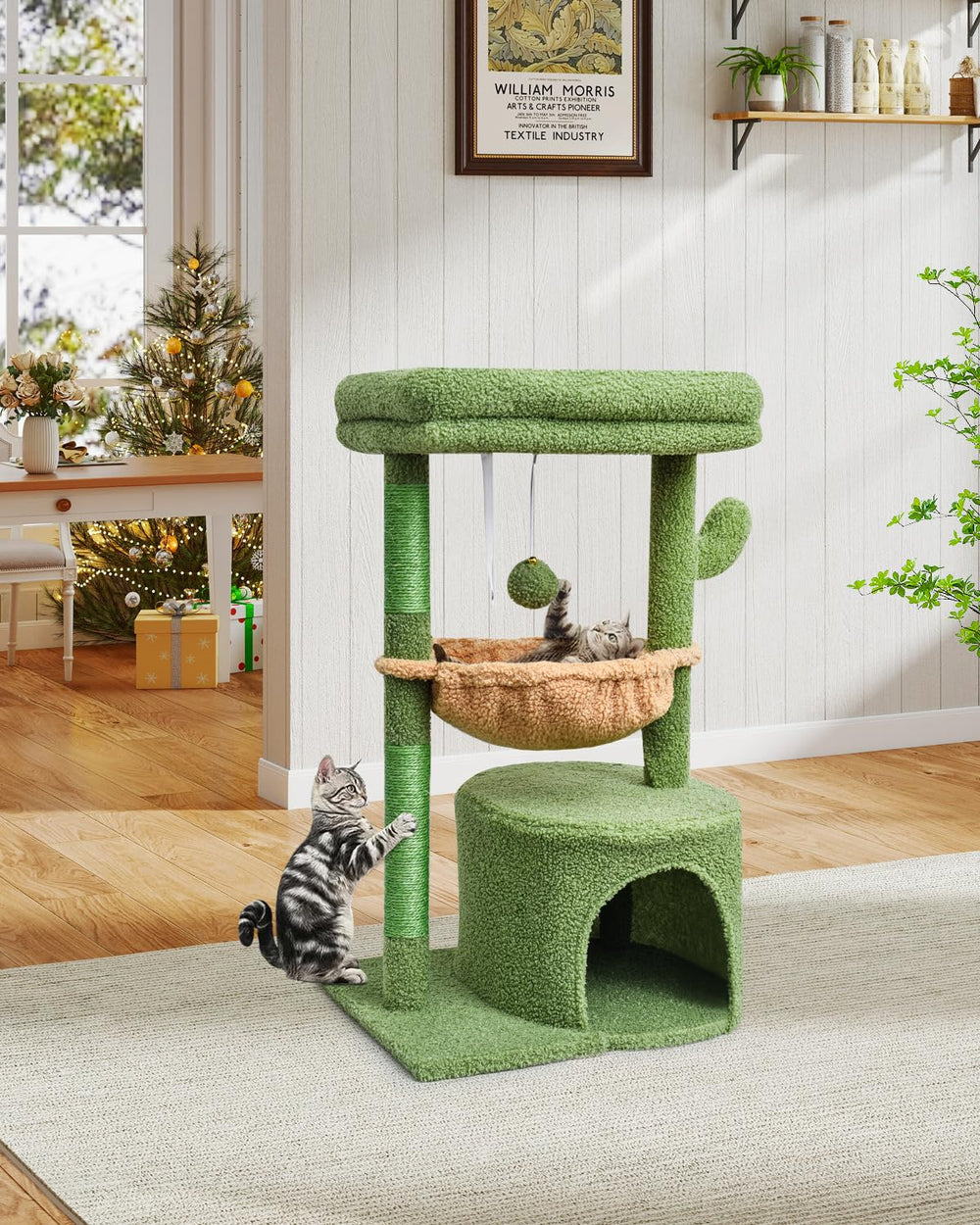SYANDLVY árbol cactus para gatos con cesta acolchada para siestas relajantes.