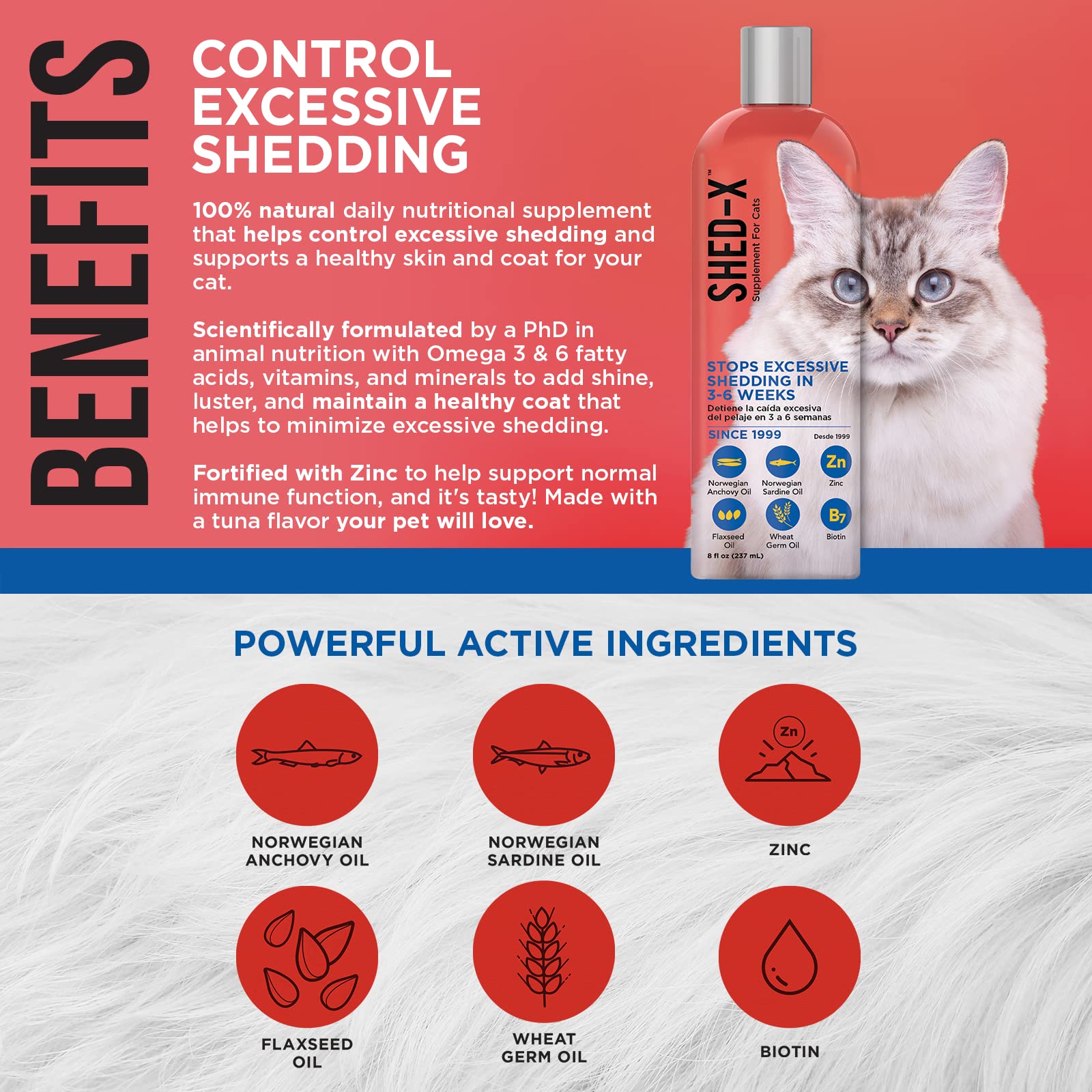 Shed-X con sabor a atún atrae a los gatos y facilita la toma.