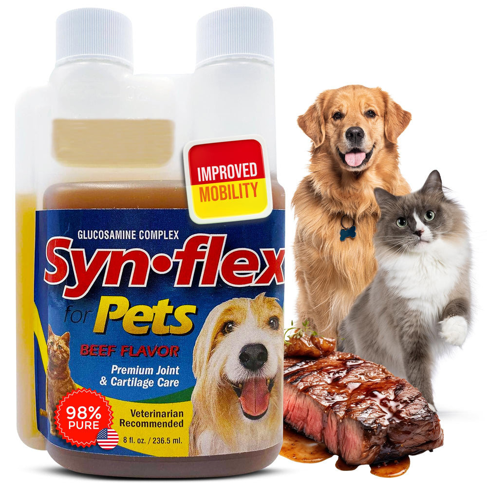 Synflex, botella de glucosamina concentrada para mascotas, facilita la dosificación diaria.