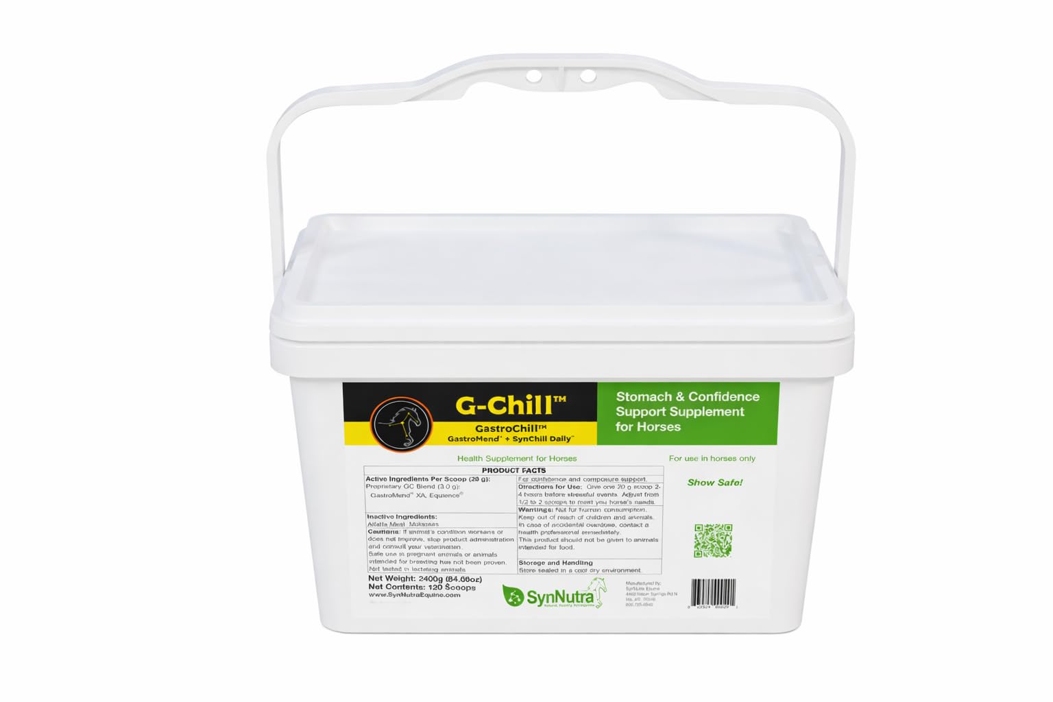 SynNutra Equine G-Chill, botella con dosis diaria para equilibrio digestivo.