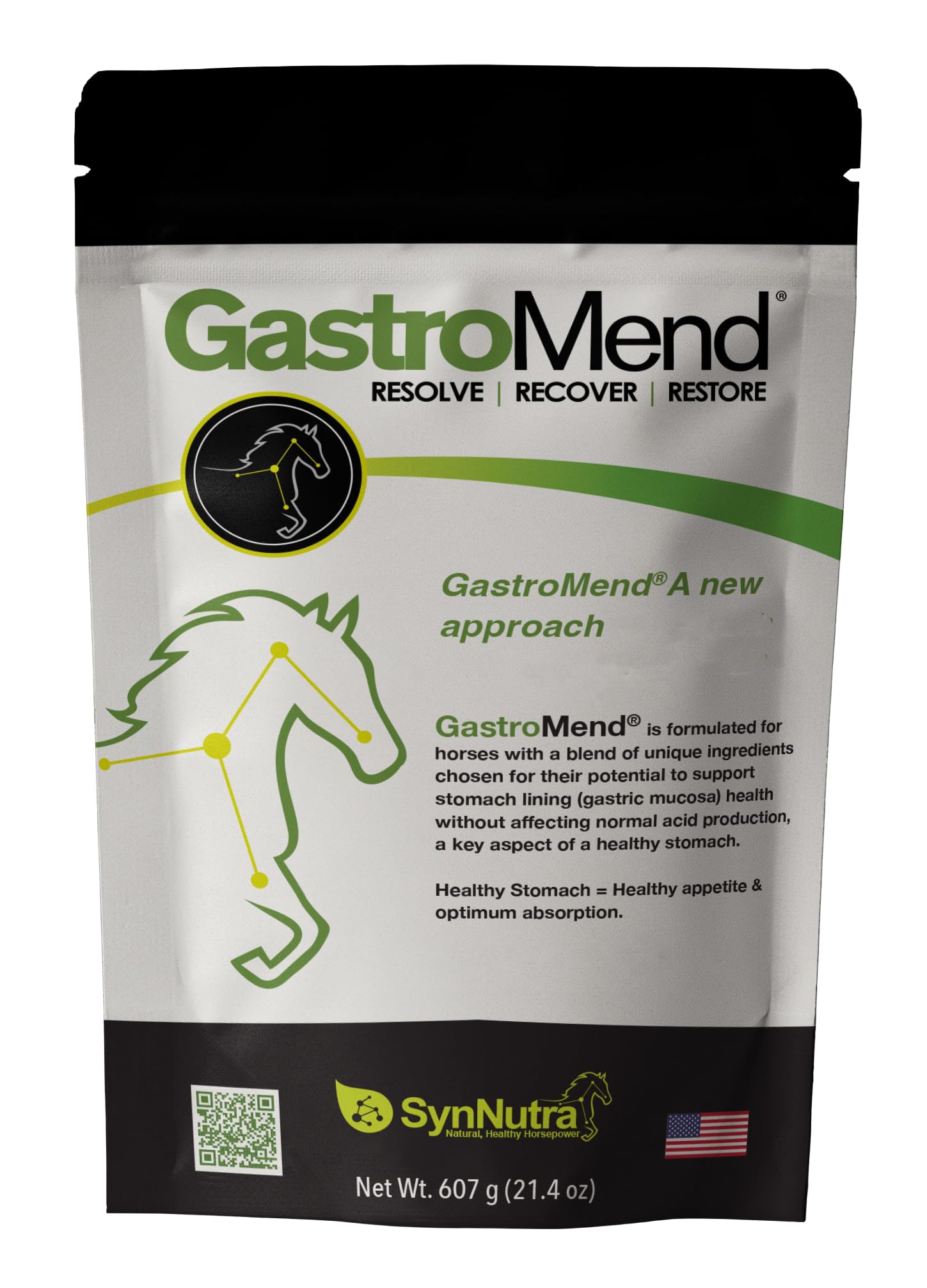 GastroMend de SynNutra Equine, botella con vertido, apoyando la función gástrica normal del caballo.