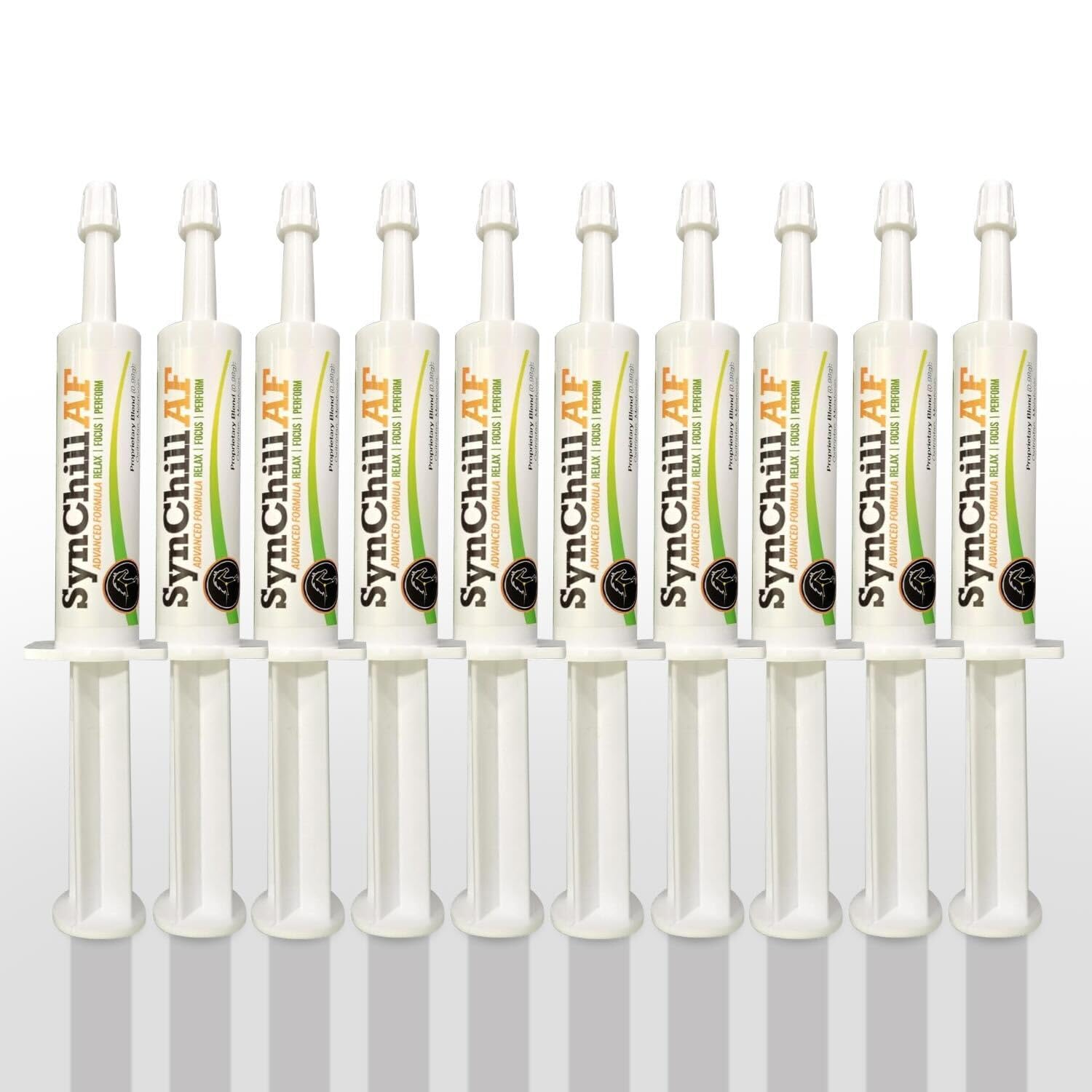 SynNutra Equine SynChill AF botella con vertido para calma durante entrenamiento.