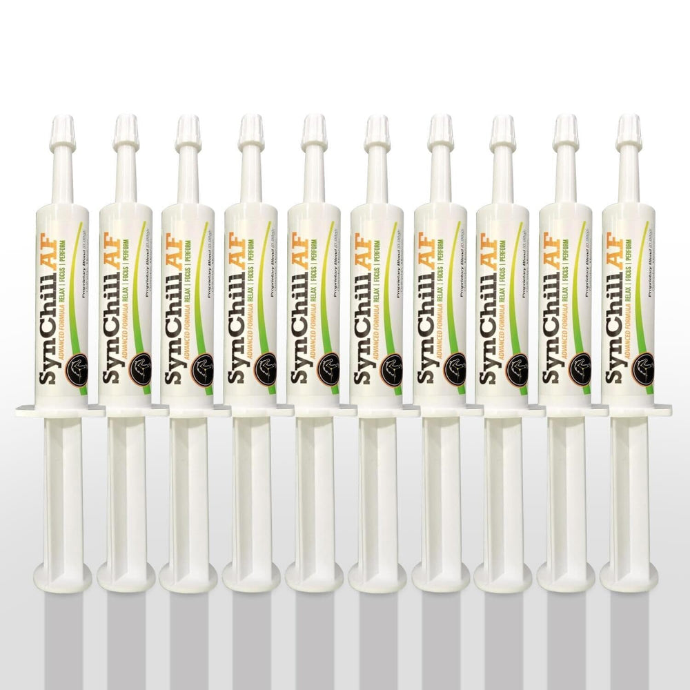 SynNutra Equine SynChill AF botella con vertido para calma durante entrenamiento.
