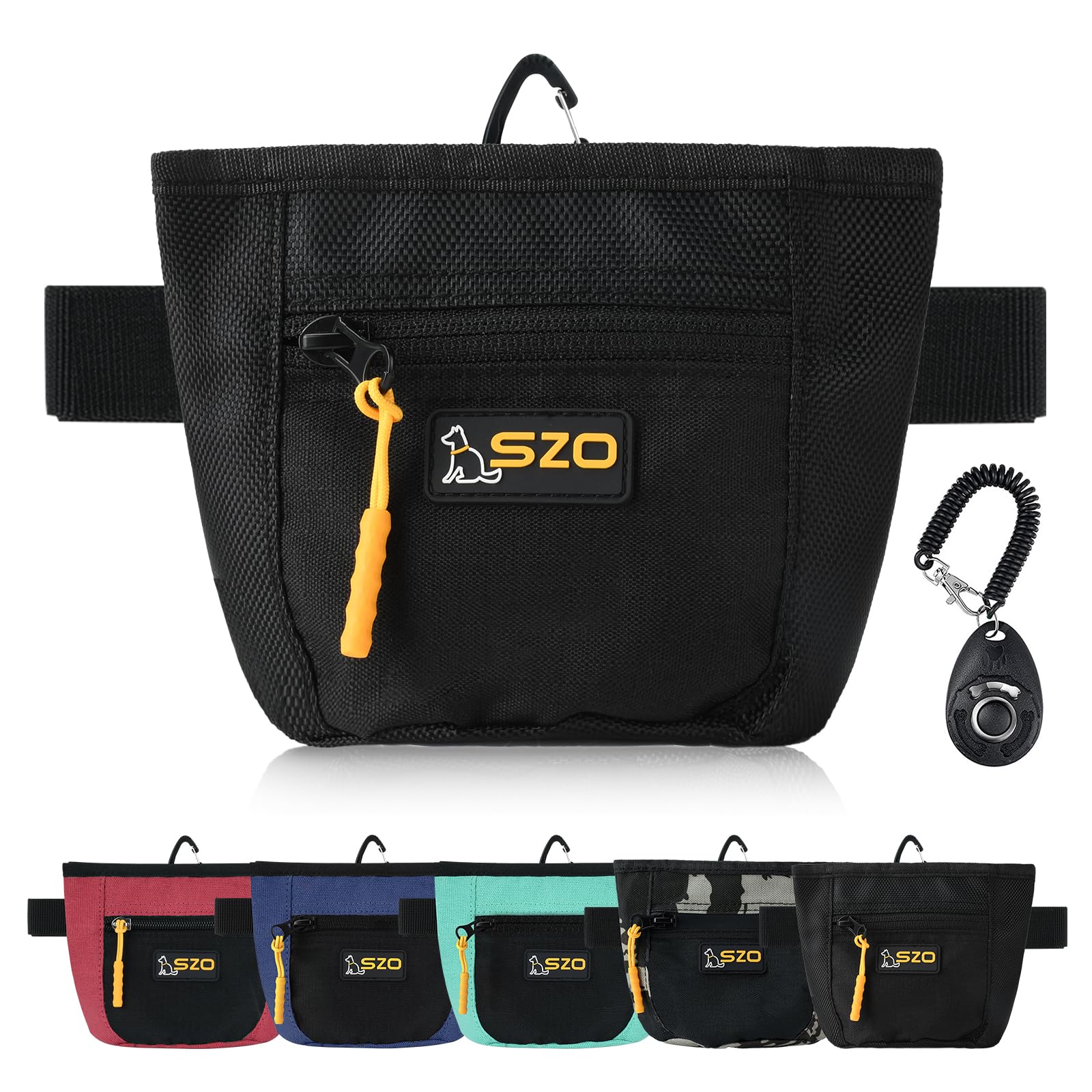 SZO bolsa de premios para perros con clicker, vista frontal para entrenamiento práctico
