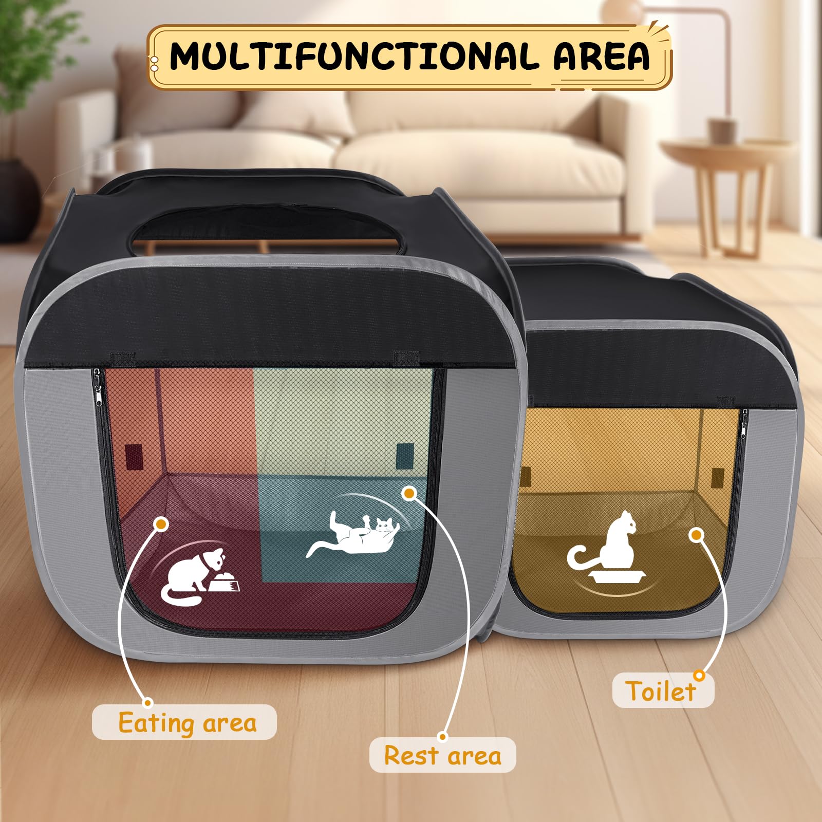 TailTastic playpen para gatos: áreas separadas para comer, descansar y usar la caja.
